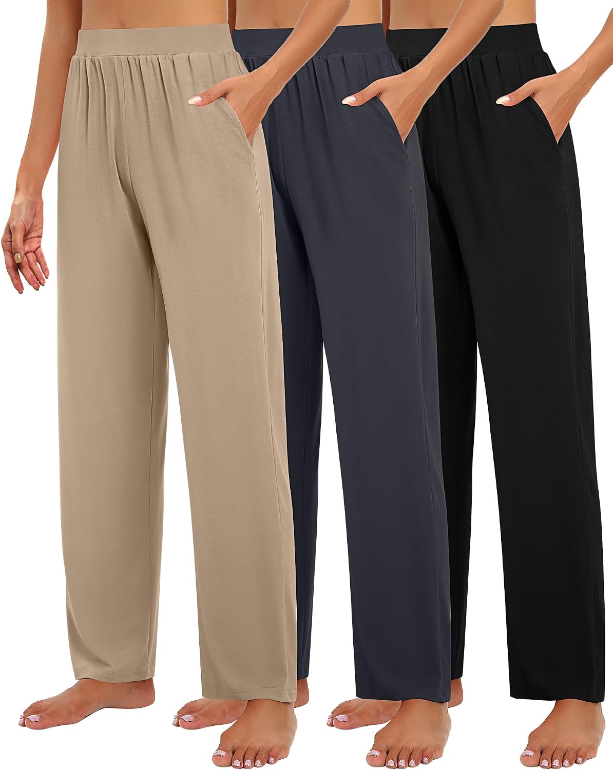 Detalle de Huukeay 3-Pack Women’s Lounge Pants (Wide-Leg Yoga Sweatpants with Pockets)