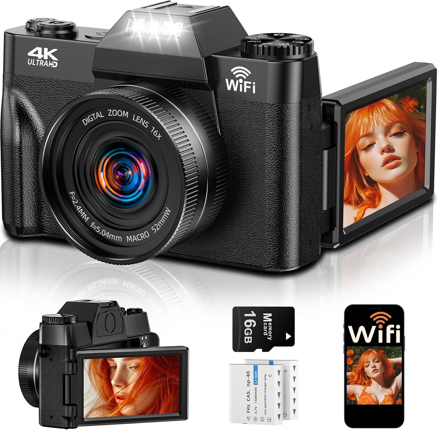 Detalle de 4K 75MP Digitalkamera mit WLAN & 180° Flip Display – kompakte Vlogging-Kamera