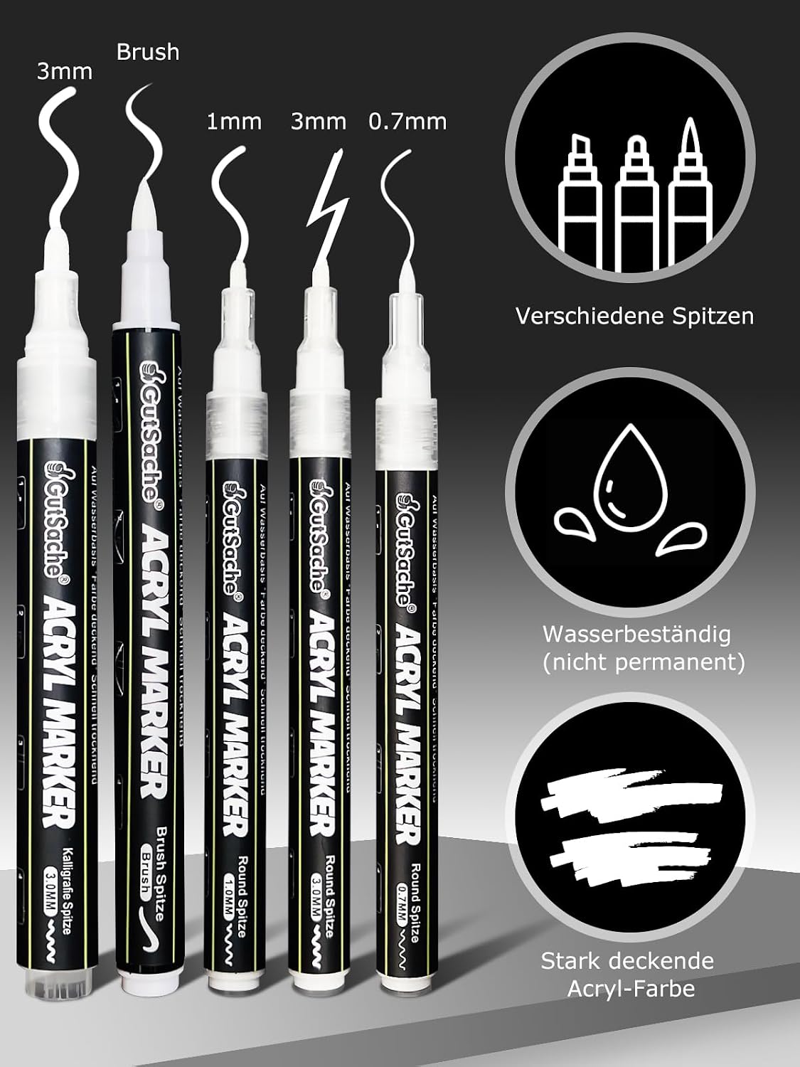 Thumbnail 2 de DealKits 5x Weiße Acrylstifte – deckende Acrylic Marker Brush Pen für Holz, Glas, Papier & Stein