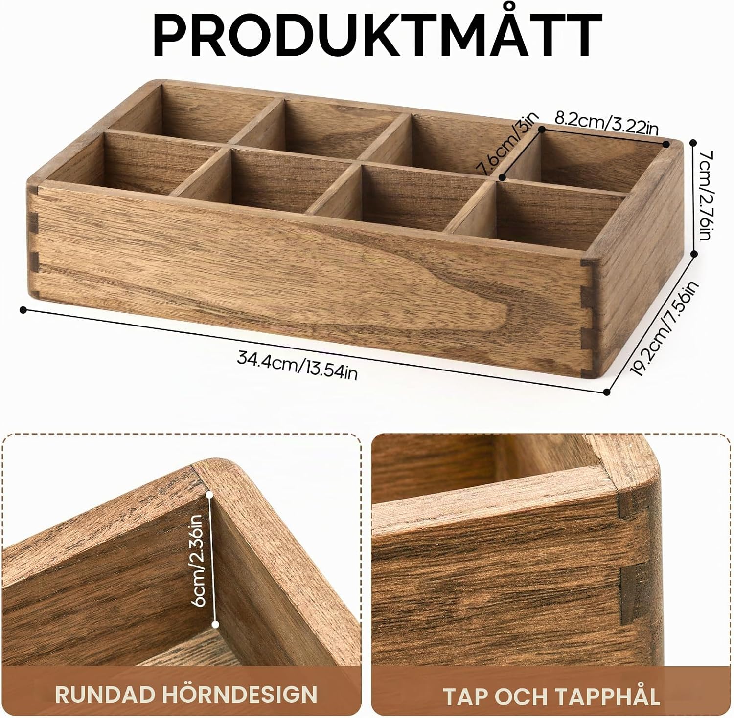 Detalle de KIRIGEN tebox i paulowniaträ med 8 öppna fack, utan lock