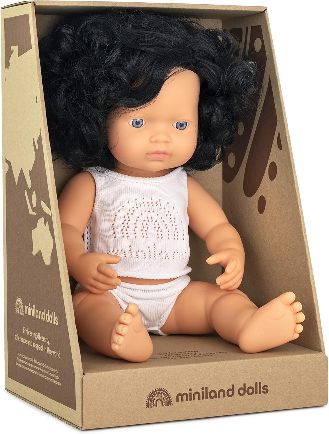Thumbnail 1 de Miniland Europäische Babypuppe Mädchen mit schwarzen Locken, 38 cm – inkl. Unterwäsche & Geschenkbox (31262)