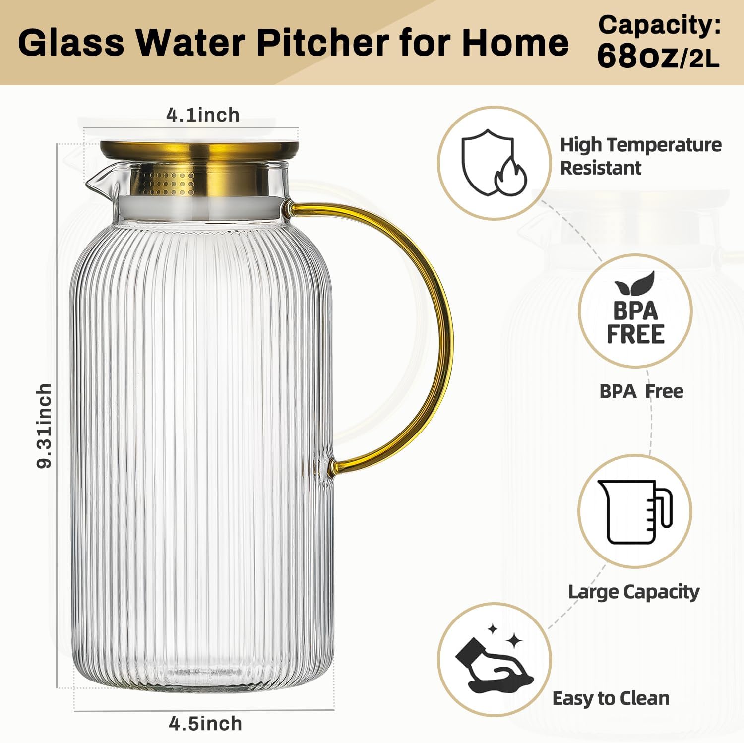 Thumbnail 1 de Buaic 68 oz Glass Water Pitcher with Lid 🫗