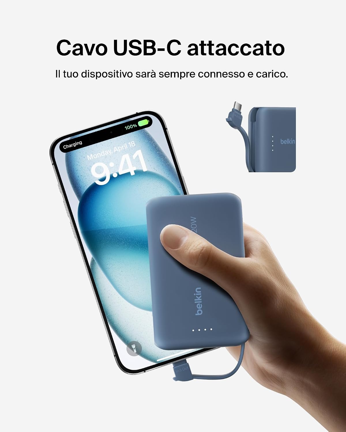 Detalle de Belkin BoostCharge power bank 10.000 mAh con cavo integrato e PD 20 W