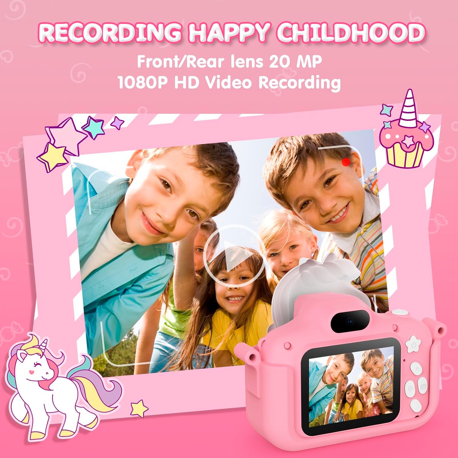 Thumbnail 3 de CAMCLID Macchina fotografica per bambini con custodia in silicone, schermo IPS da 2" e video 1080P (rosa, 3-12 anni)