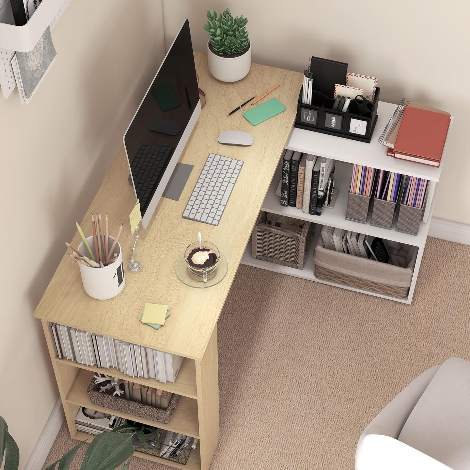 Thumbnail 6 de HOMCOM Bureau d'angle Table de Salle à Manger avec Rangement modulable et bibliothèque intégrée (Blanc et Bois naturel)