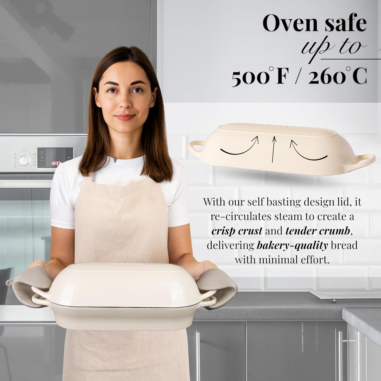 Detalle 1 de Nuovva Enamelled Cast Iron Bread Loaf Pot (Rectangular Dutch Oven) – 34cm x 16cm, Cream