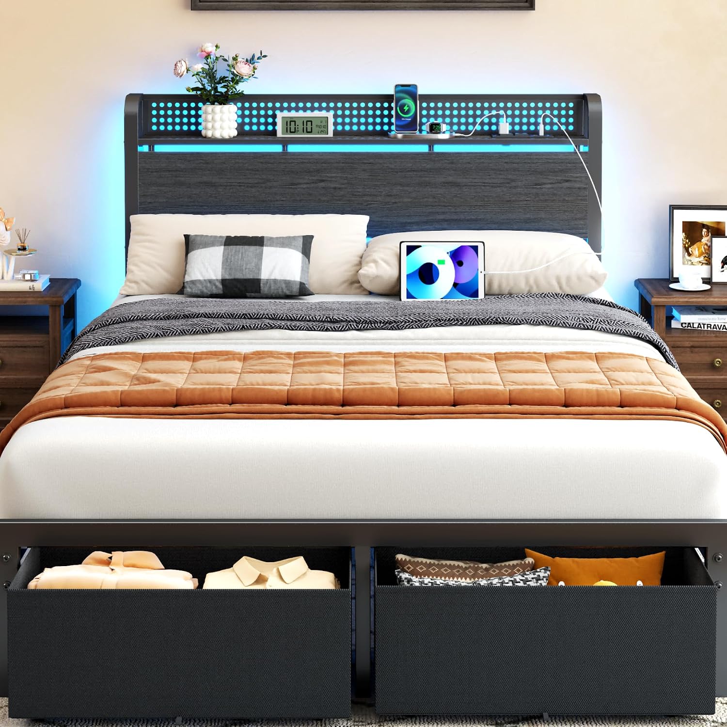 Furnulem HK-BF-001CLD-F-1-RG Full Bed Frame with Storage, Charging & RGB LEDs