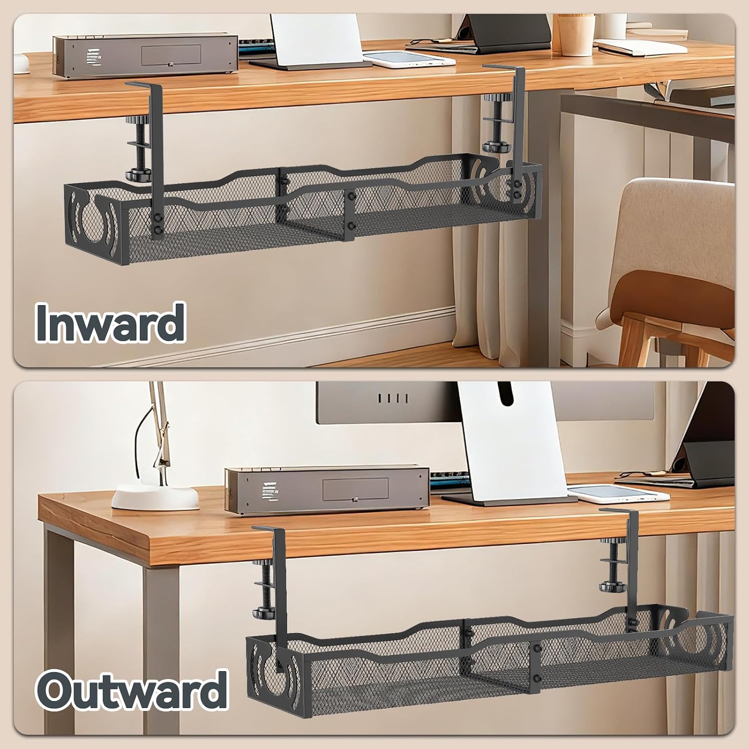 Thumbnail 6 de Cable Management 25.3'' Under Desk Tray — No Drill, Metal Cord Organizer with Clamp