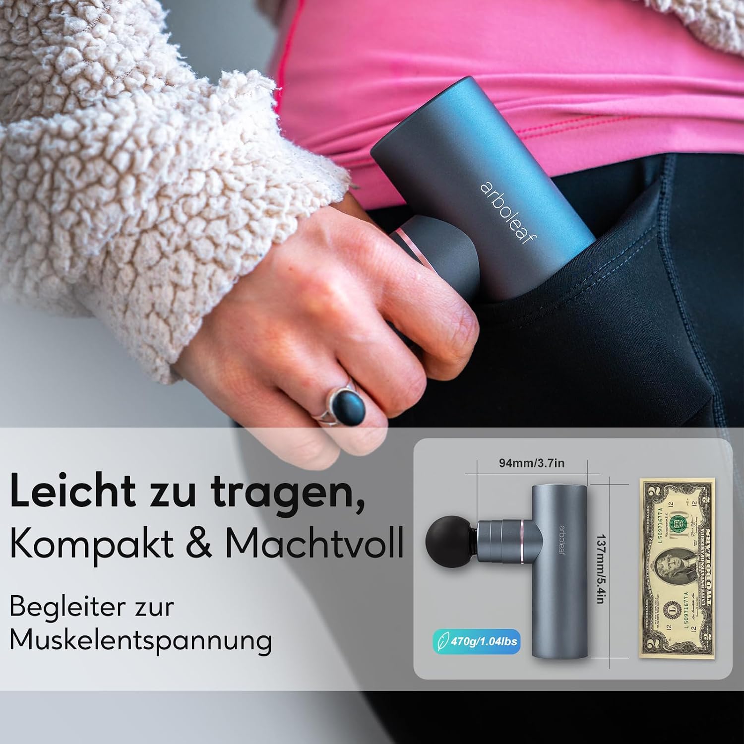 Detalle 1 de arboleaf Massagepistole mini mit AI: 4 Aufsätze, 4 manuelle Stufen & Automatik bis 3.200 U/min