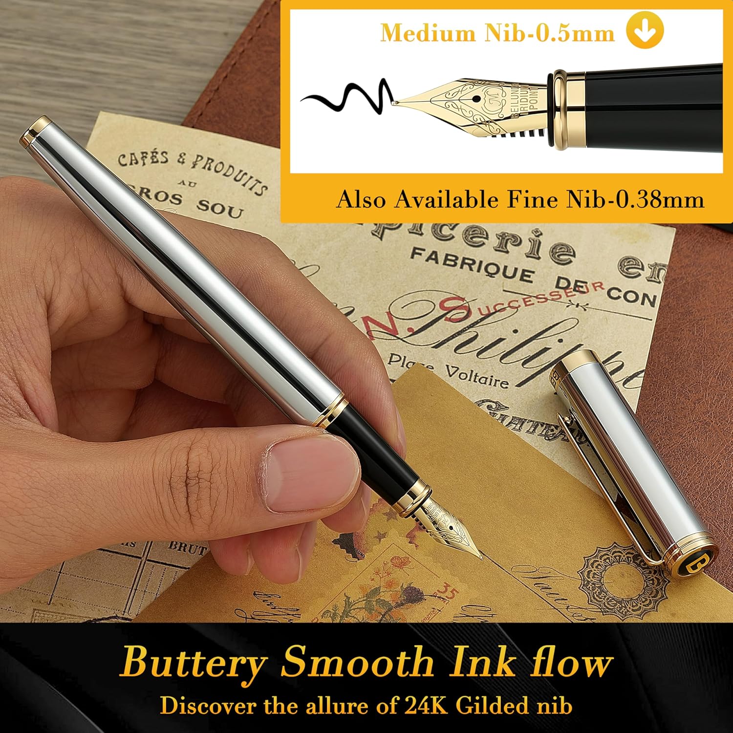 Thumbnail 3 de BEILUNER Penna Stilografica di Lusso: eleganza cromata con pennino 24K e kit completo
