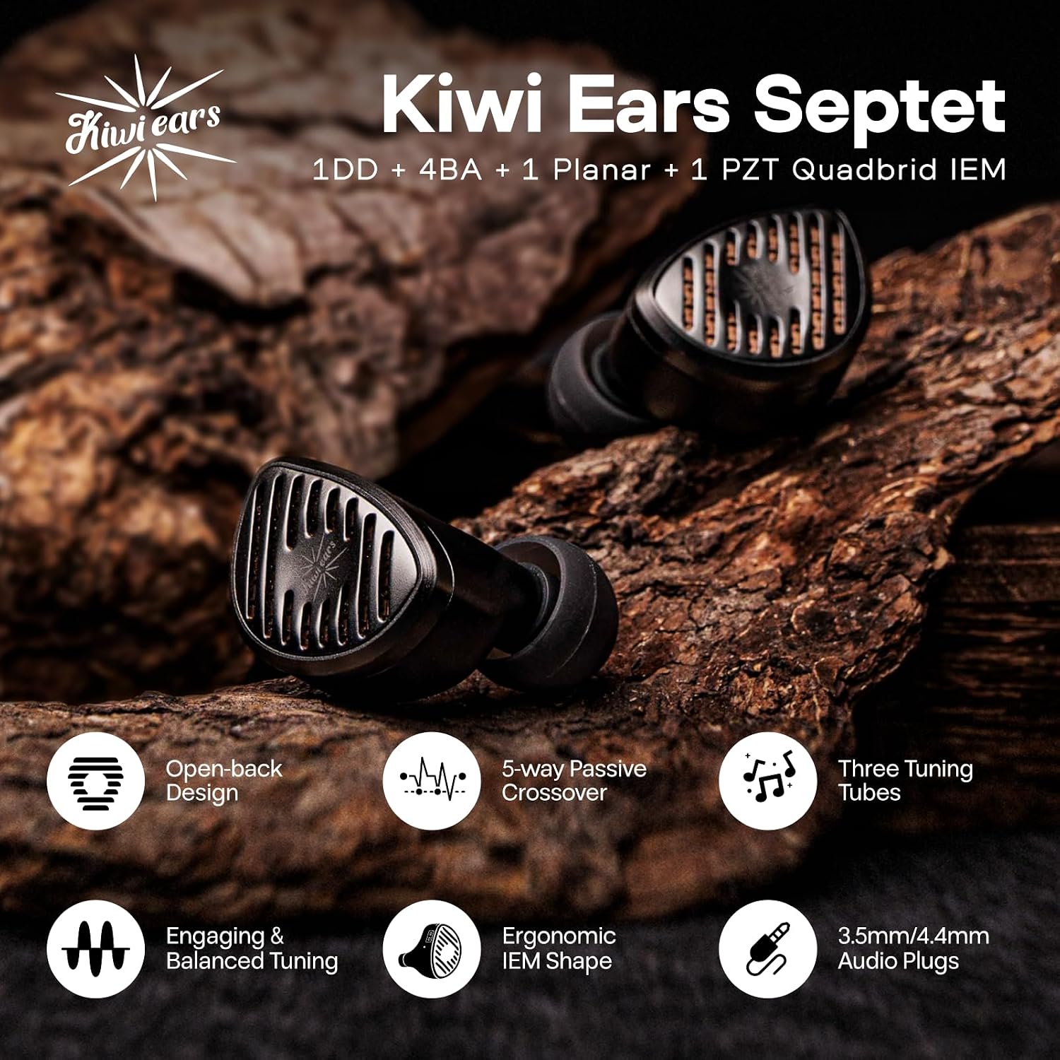 Detalle 2 de Linsoul Kiwi Ears Septet Quadbrid 1DD+4BA+Planar+PZT open-back IEM with modular 3.5mm/4.4mm cable