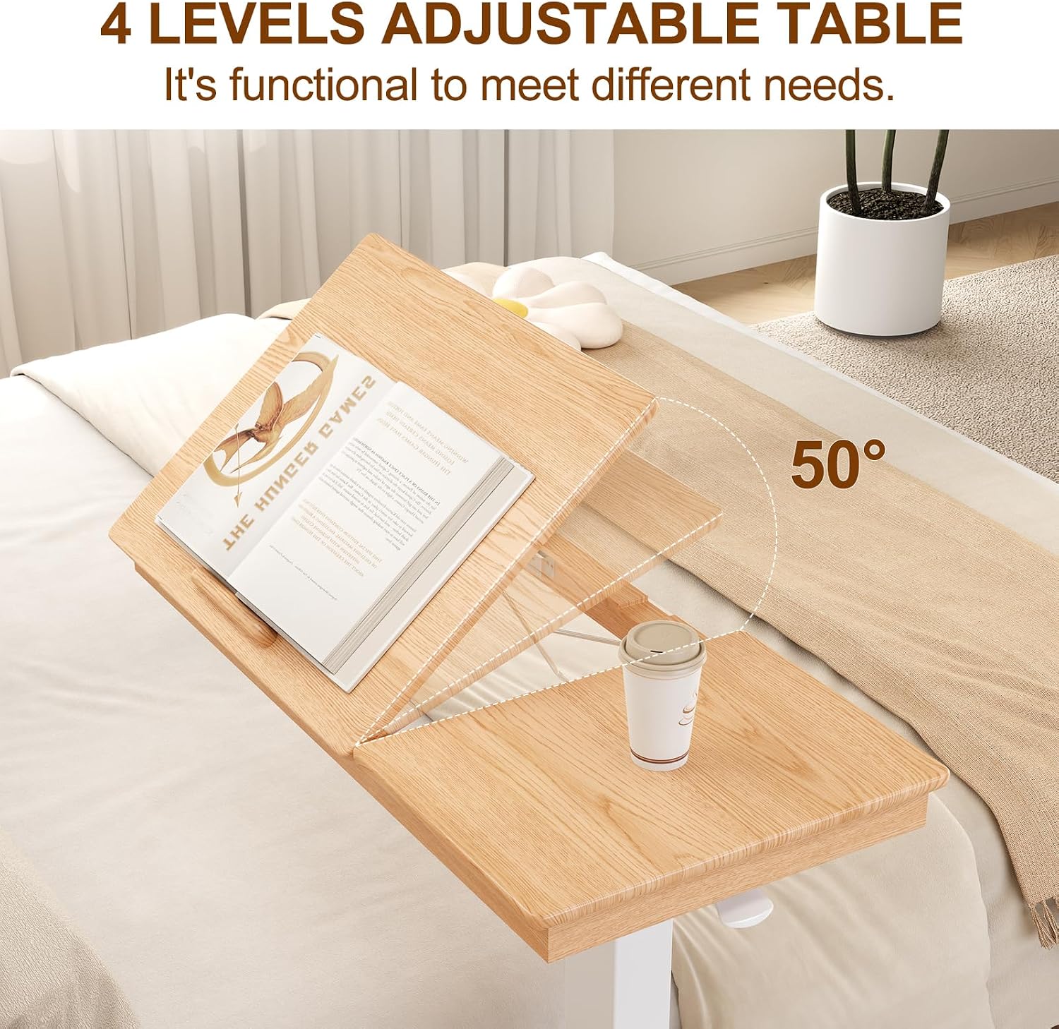 Thumbnail 4 de Muwuele Solid Wood Overbed Table with Wheels