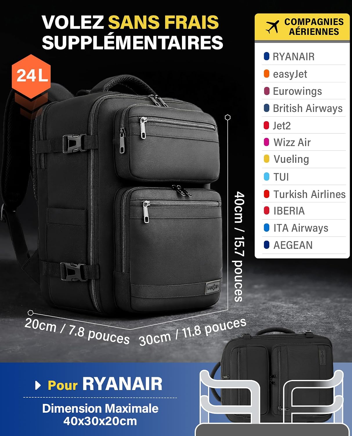 Detalle 2 de VANKEV Sac cabine 40x30x20 cm – polyvalent et pratique pour Ryanair, EasyJet, Eurowings et consorts