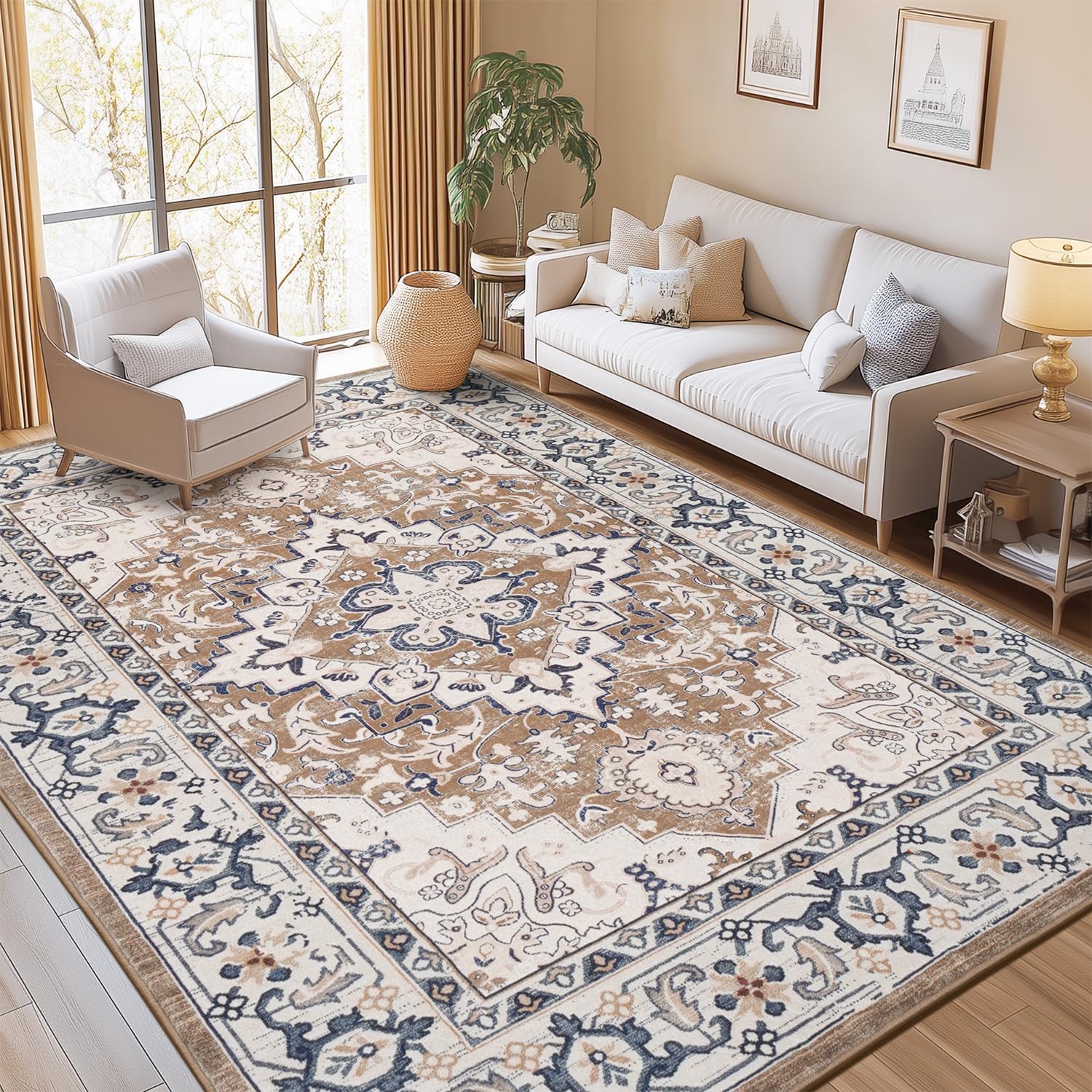 Thumbnail 1 de Lofus 8x10 Washable Vintage Boho Area Rug (Low Pile, Non-Slip) — Floral Brown