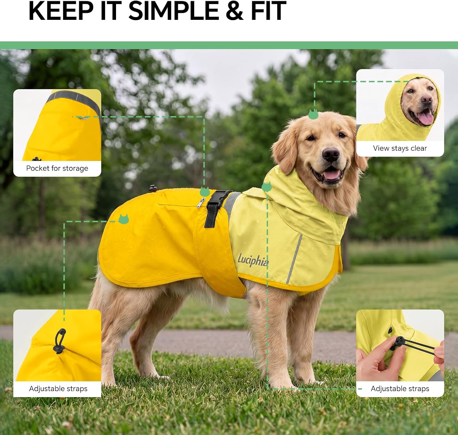 Thumbnail 2 de Luciphia YY-LUCAP2601-YL-35 Dog Raincoat, Yellow Medium, Hooded & Reflective