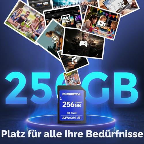 Detalle 2 de DIGIERA 256 GB SDXC UHS‑I Speicherkarte, 170 MB/s Lesen, 150 MB/s Schreiben, C10 / U3 / V30 — 4K UHD