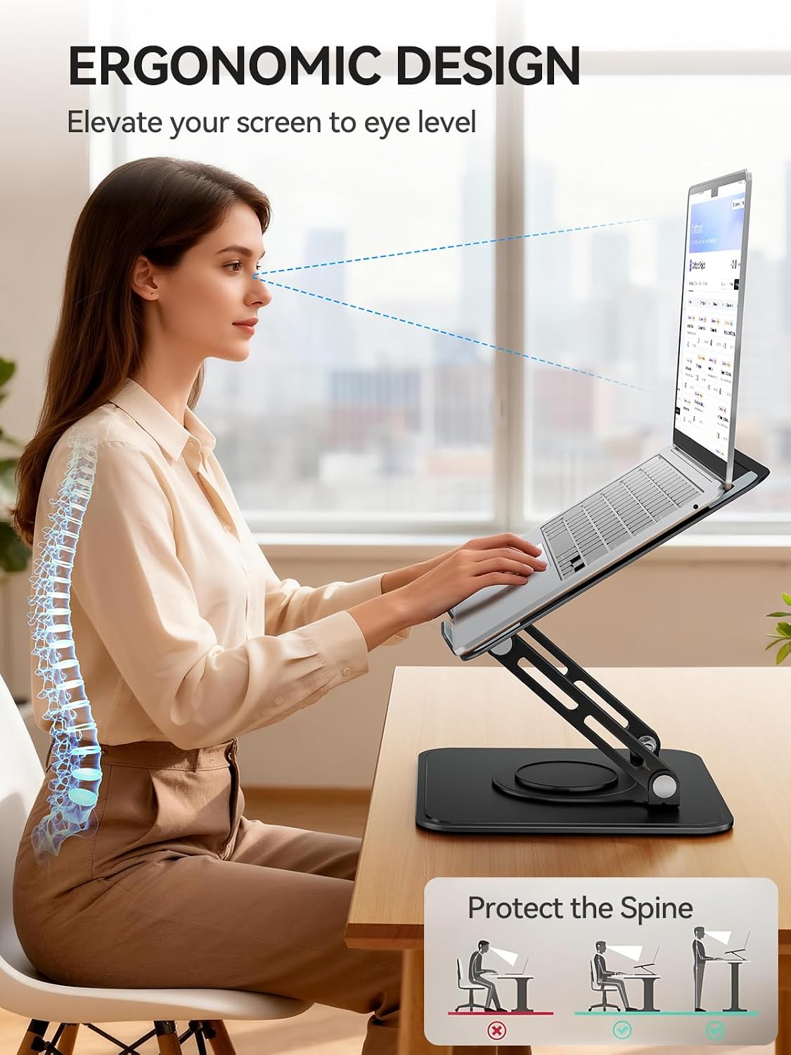 Detalle de tounee Laptop Stand for Desk — Adjustable, 360° Rotating Base, Ergonomic Riser for All Laptops 10–15.6" (Black)