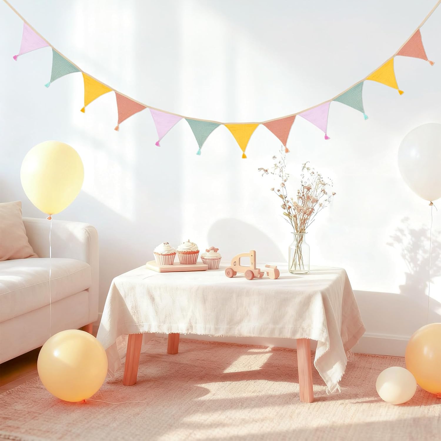 Thumbnail 5 de jijAcraft Wimpelkette für Kinderzimmer mit Quasten (Musselin), 2,8 m, gelb rosa – doppelseitig