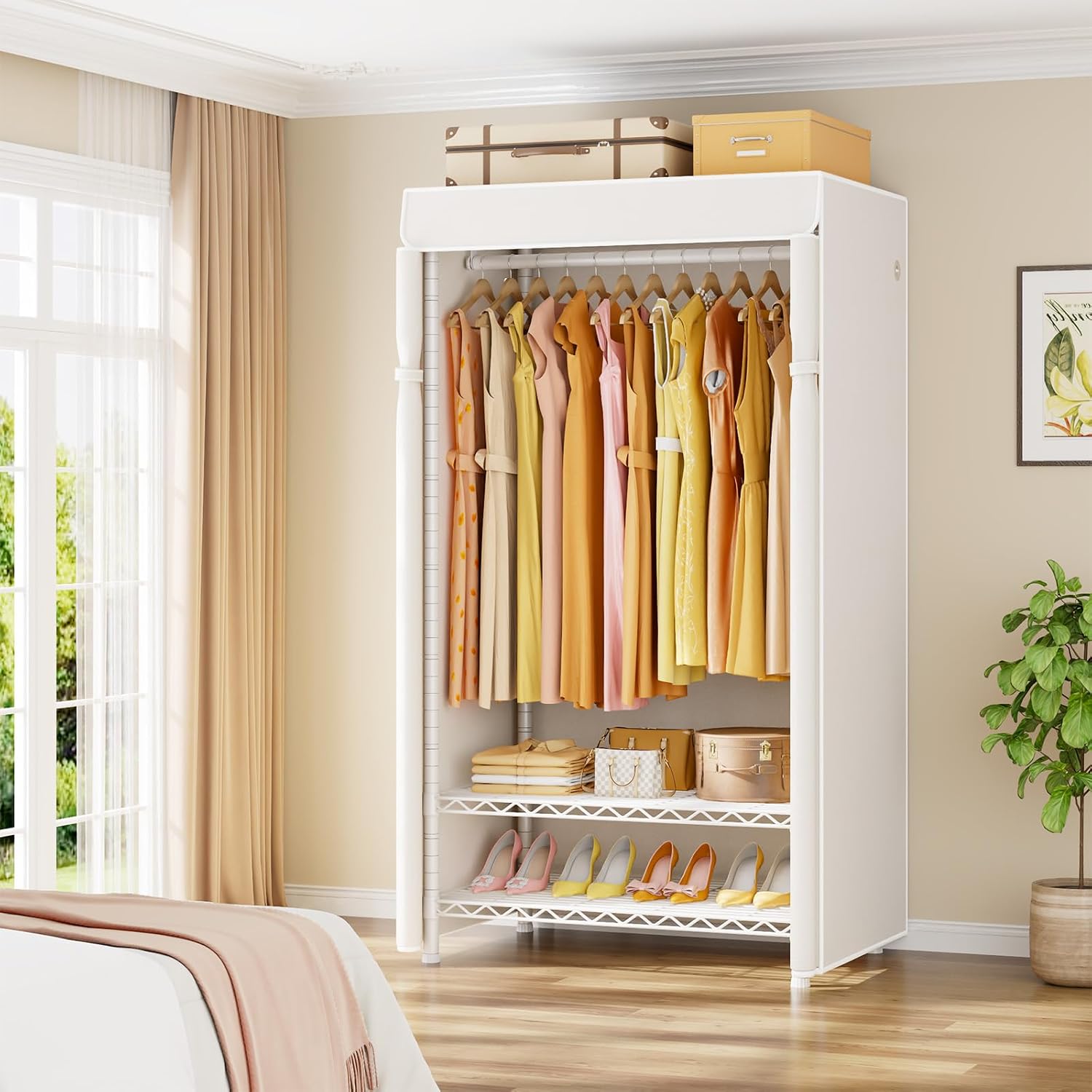 Detalle 2 de ULIFHOME H5C Covered Clothes Rack with 3 Adjustable Shelves and Oxford Cover