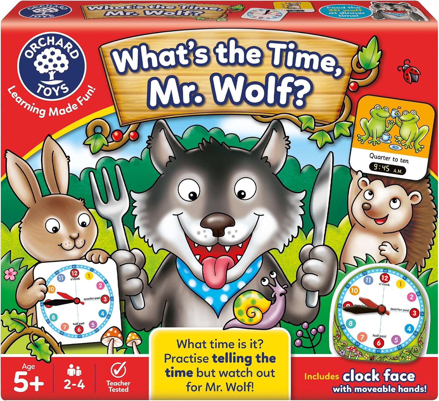 Detalle de Orchard Toys What's The Time, Mr Wolf? educatief bordspel met beweegbare klok