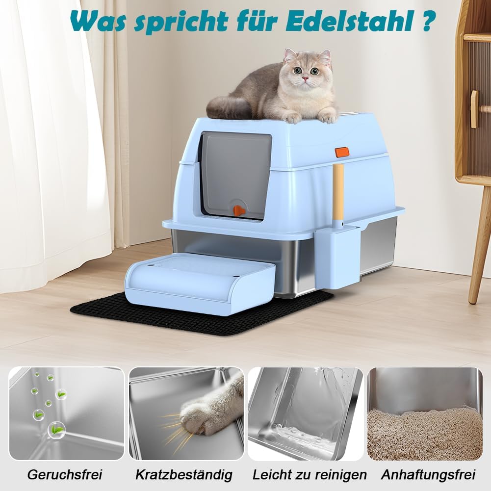 Detalle de SZEETECH Katzenklo Edelstahl XL (60 x 40 x 39,5 cm) mit Deckel, zwei Ausgänge und Set aus Schaufel + Matte + Trittstufe (blau)