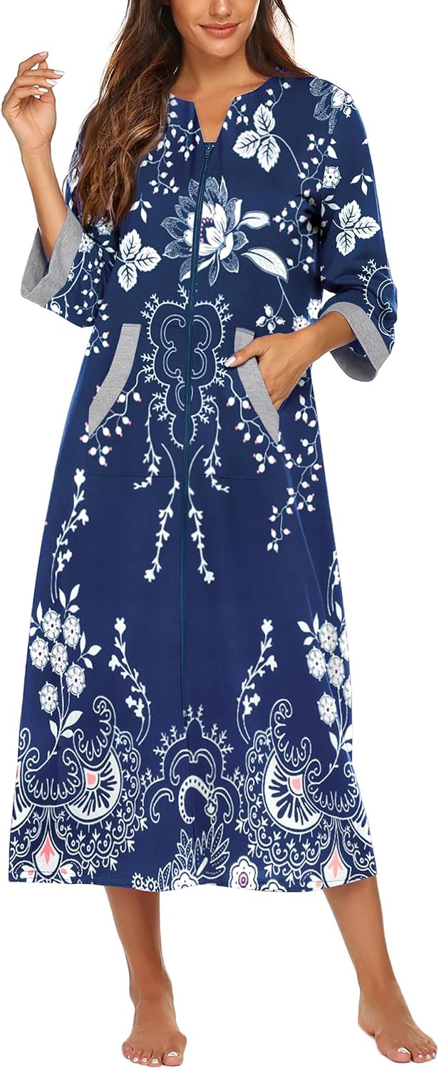 Detalle 2 de Ekouaer Women's Full-Length Zip Robe with Pockets, 3/4 Sleeves