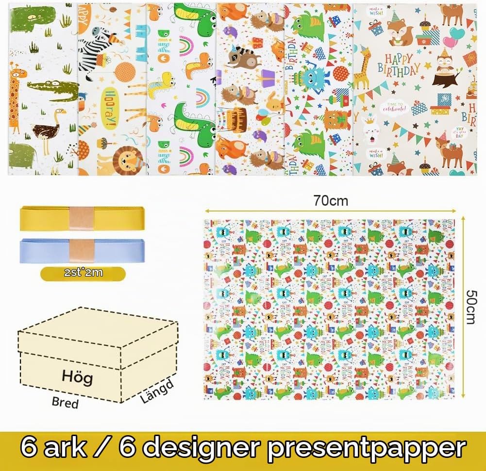 Detalle de OFFCUP presentpapper med djurmotiv, 6 ark à 50 × 70 cm och 2 bandbuntar