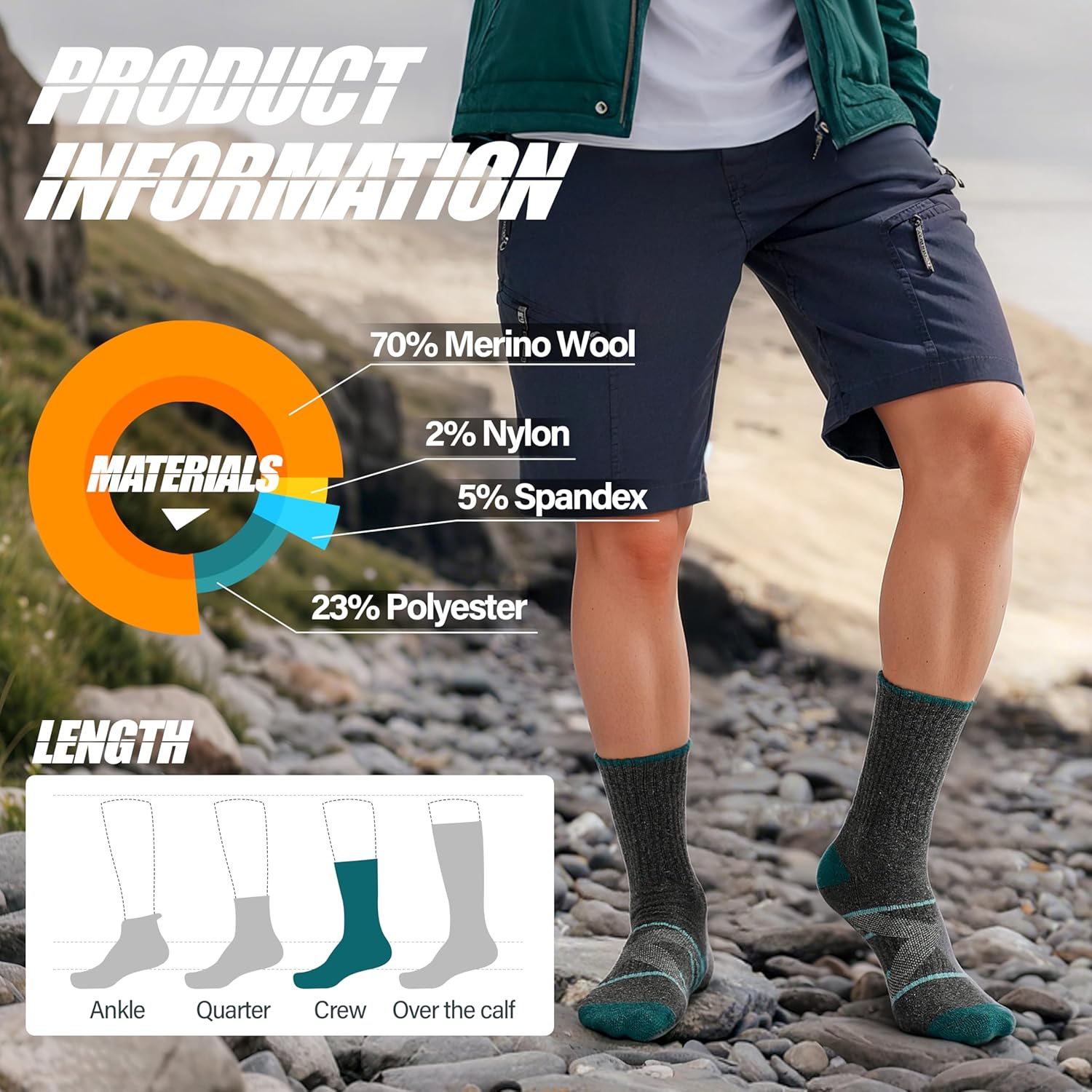 Detalle 1 de ANTSANG Merino Wool Walking & Hiking Socks (5-pack) – warm, cushioned moisture-wicking boot socks
