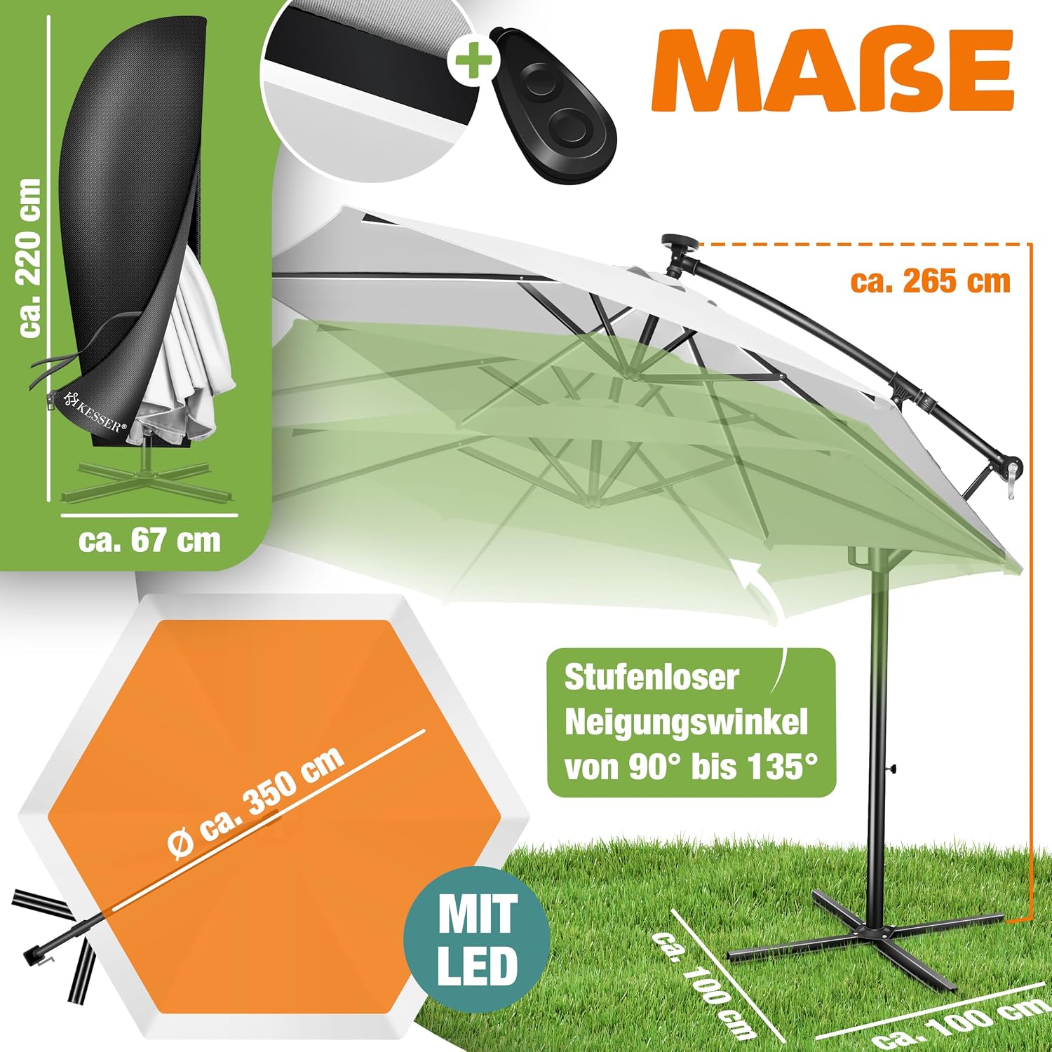 Detalle 2 de KESSER Sonnenschirm Solar Ø 300 cm/Ø 350 cm mit LED-Beleuchtung – Kurbelmechanik, Alu-Gestell, mit Abdeckung