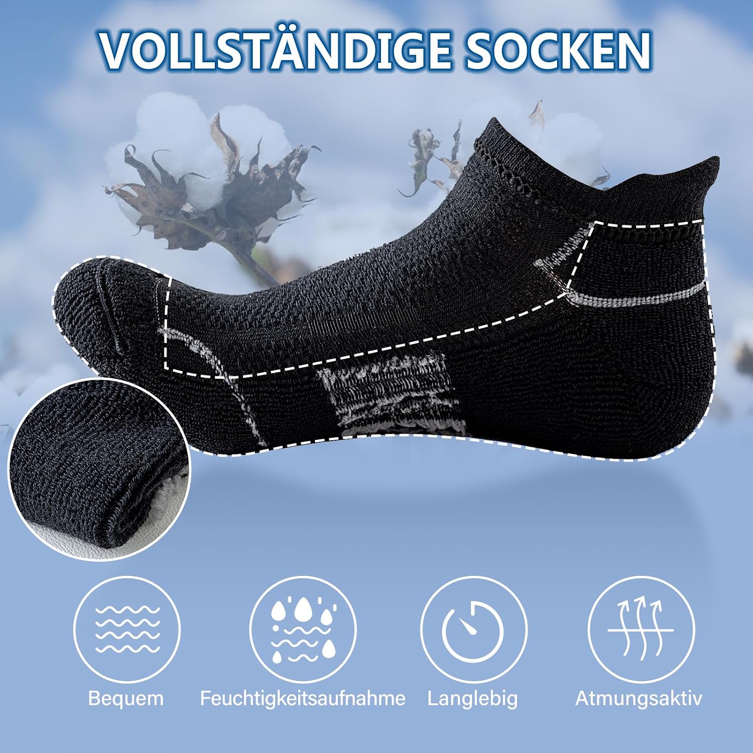 Detalle de Niorasen Sneaker-Socken Damen 35-38/39-42 – Atmungsaktiv, Anti-Blasen, Gepolsterte Laufsocken