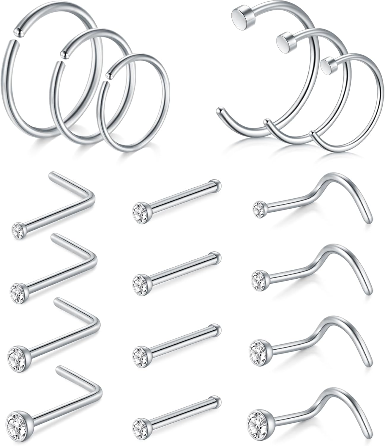 AVYRING 316L Stainless Steel Nose Rings (L-Shaped Nose Stud Screws) with Cubic Zirconia – 22G/20G/18G, 18 or 24 Pack