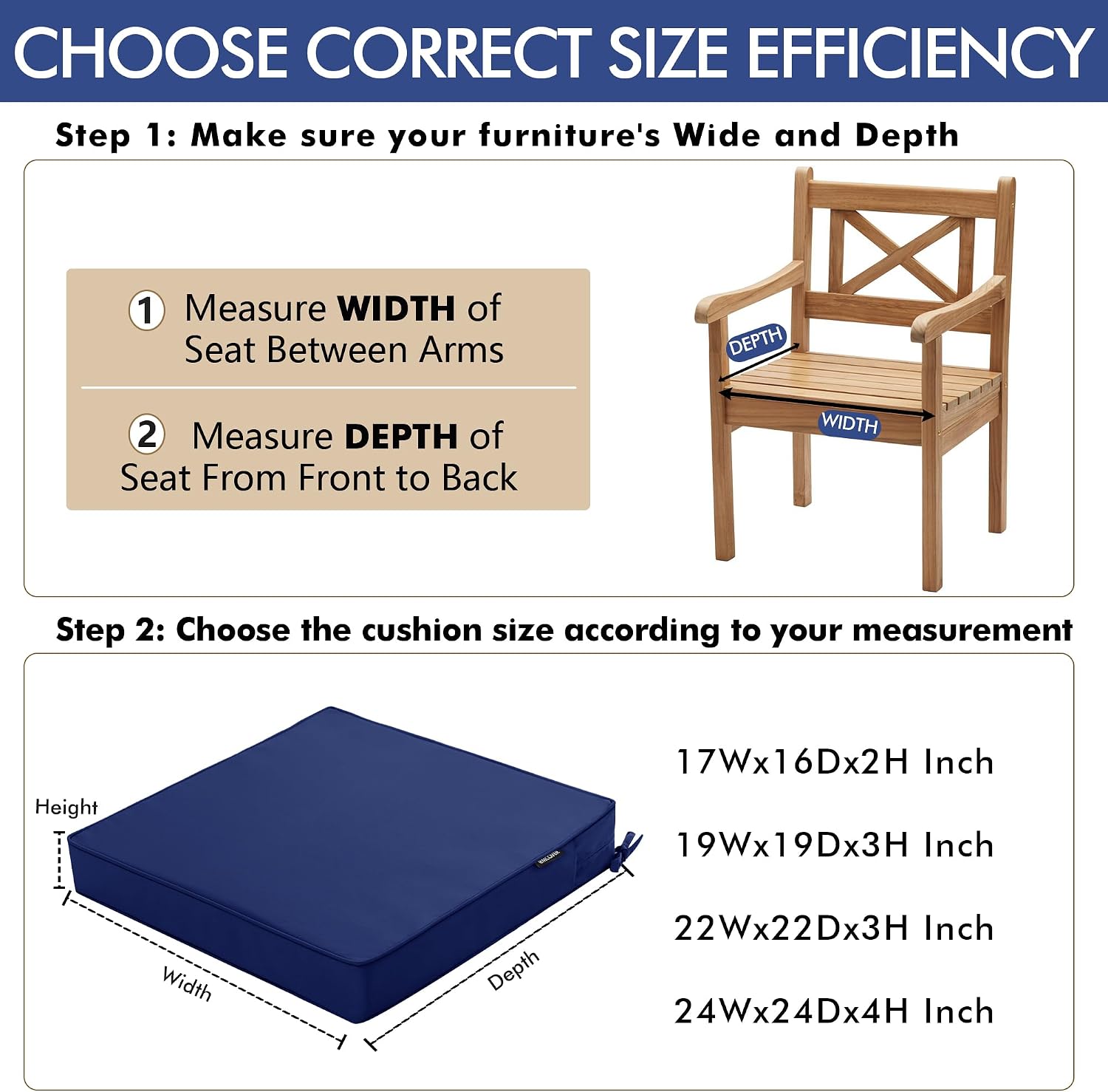 Detalle 2 de Comcaver PFCC-1919-Navy-6 Outdoor Chair Cushions, Waterproof, Navy, 19 x 19 x 3 in