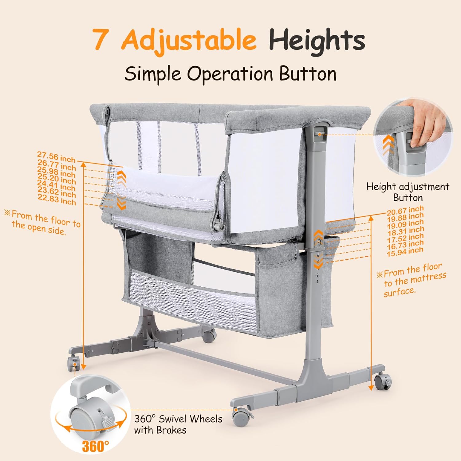 Thumbnail 3 de Growaystory Beistellbett Baby (Co-Sleeper) mit Rädern, 7-fach höhenverstellbar – Hellgrau