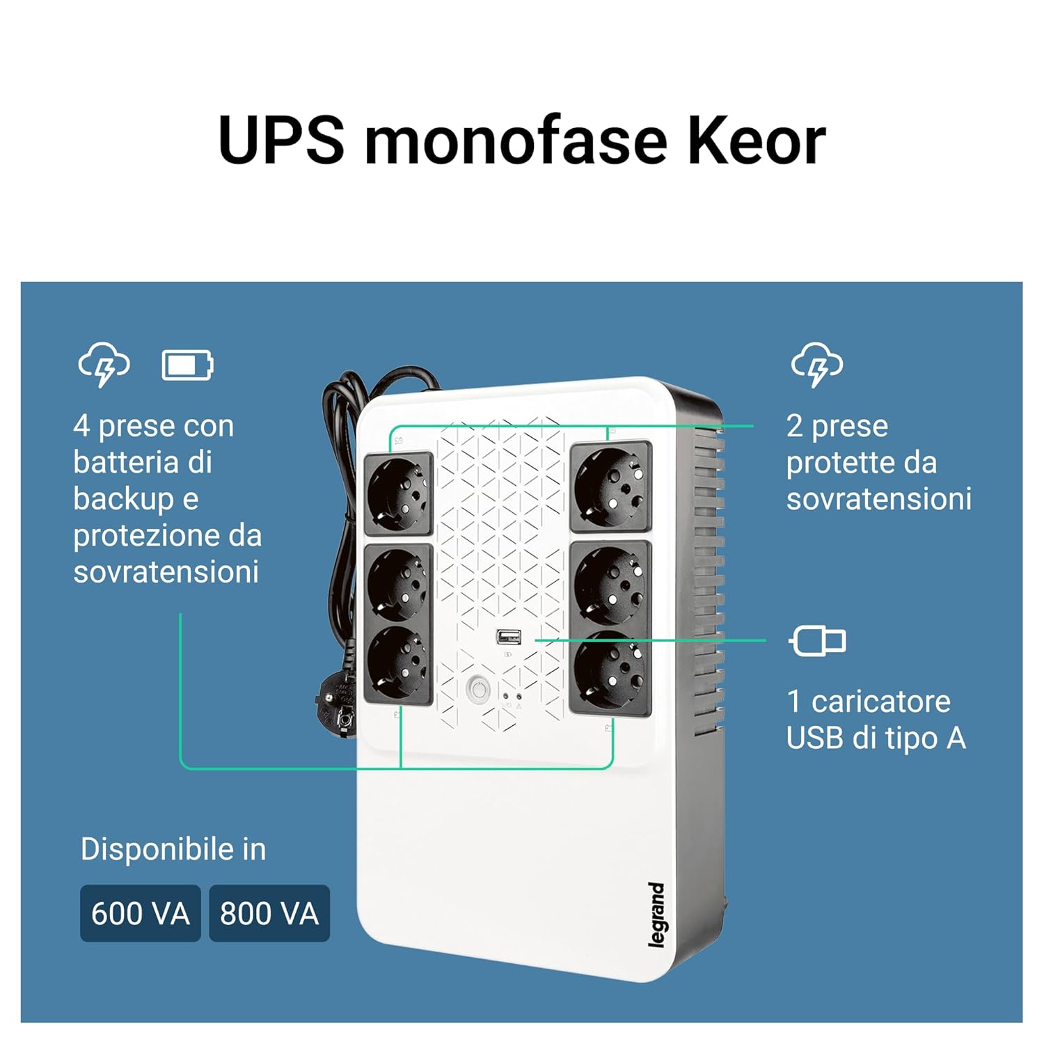 Detalle de Legrand UPS monofase Keor Multiplug LG-310082: 800 VA/480 W, 6 prese, USB e AVR