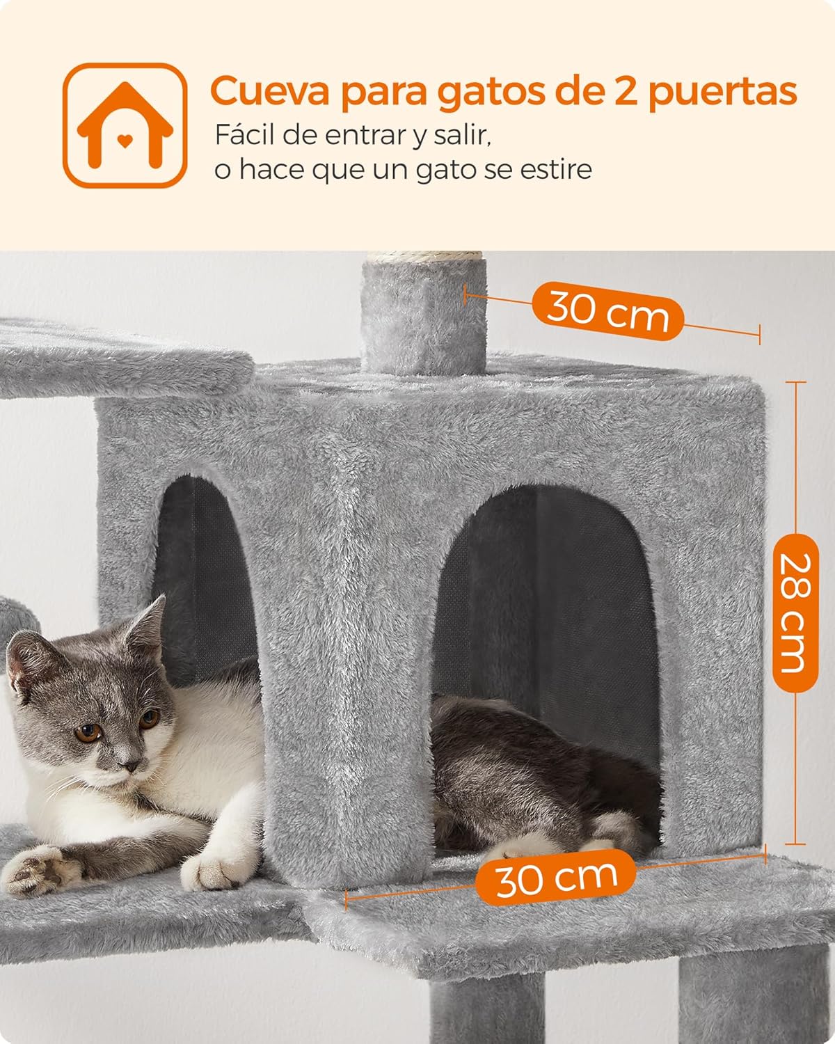 Detalle de Feandrea árbol para gatos PCT161W01, torre multinivel de 143 cm con 2 plataformas, cueva y hamaca (gris claro)