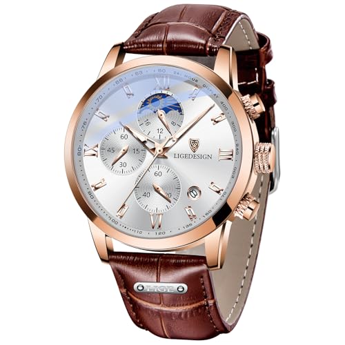 Thumbnail 9 de LIGE Montre homme vintage chronographe, cuir, 3 ATM, cadran or et blanc