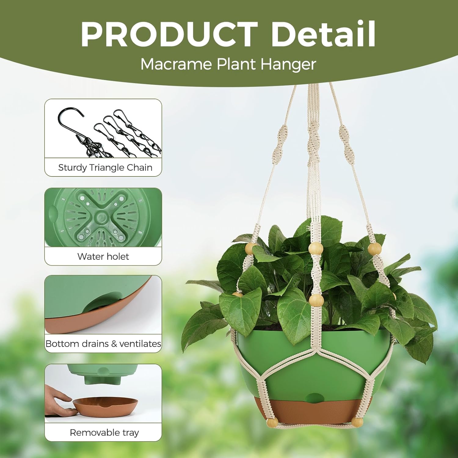 Detalle 1 de Bamworld 3-Pack Macramé Plant Hangers with Chain – self-watering hanging planters with drainage holes