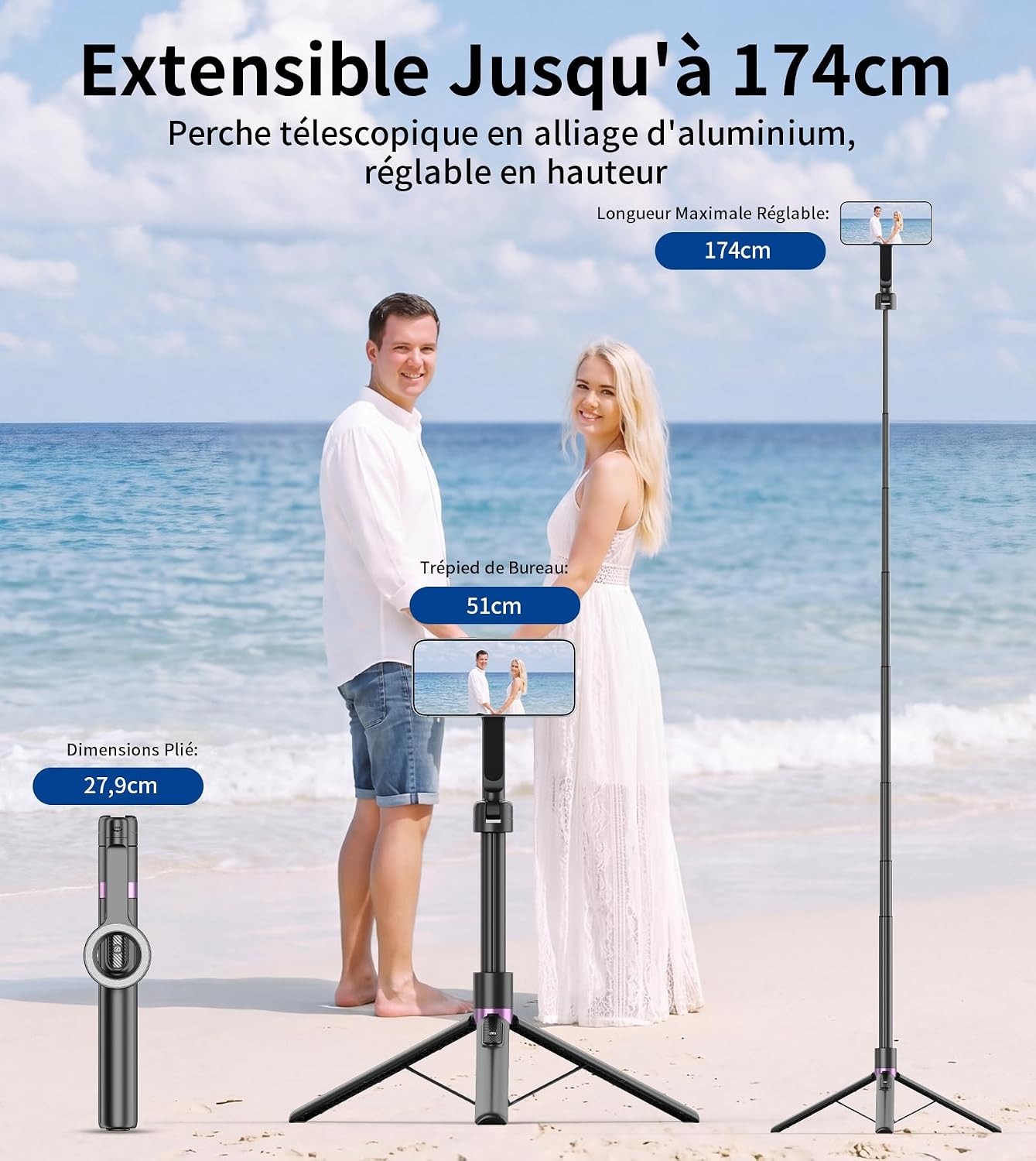 Detalle 2 de TONEOF magnetisch selfiestickstatief van aluminium, tot 174 cm, met afstandsbediening