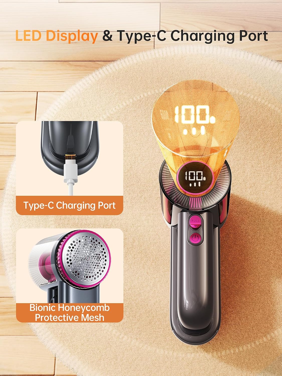 Detalle de DRFLASH 2-in-1 Fabric Shaver Rechargeable – 3 Speeds with LED Display and Type-C Fast Charge