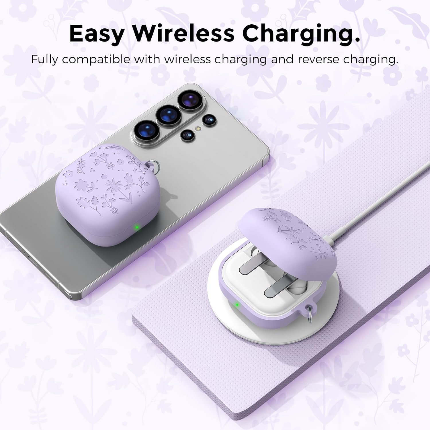 Detalle de AhaStyle Silicone Case for Samsung Galaxy Buds4 Series – Flower Engraved, Cute Cover with Carabiner