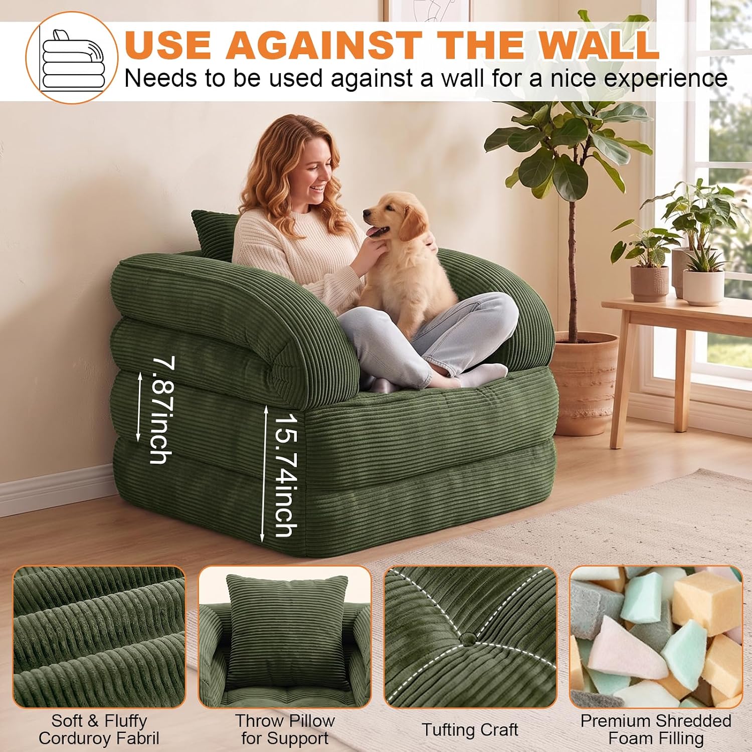 Detalle de CUBIOU Y8022-Dark Green Convertible Sofa Bed, Corduroy 3-in-1 Floor Chair