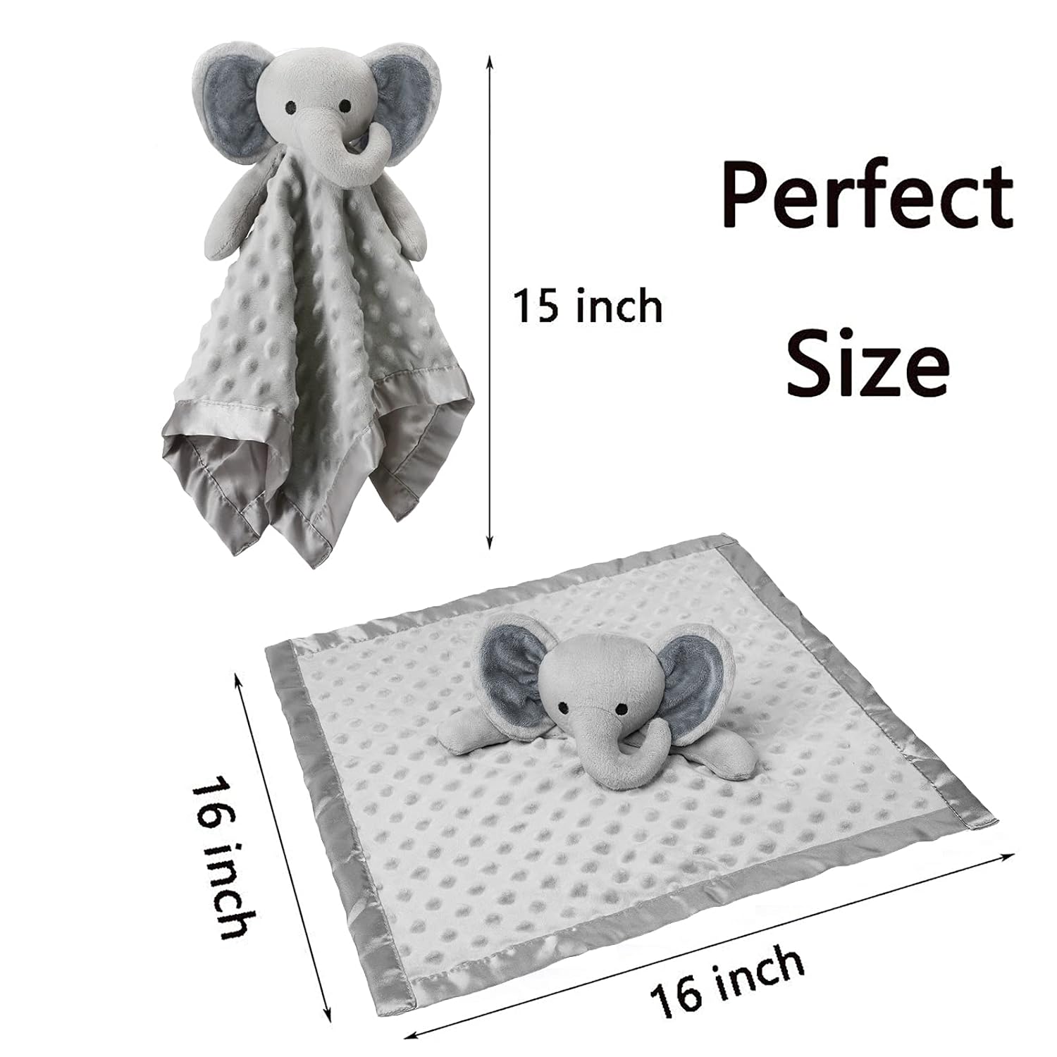 Detalle 2 de Pro Goleem Elephant Lovey, 16-Inch Gray Baby Security Blanket and Plush Toy