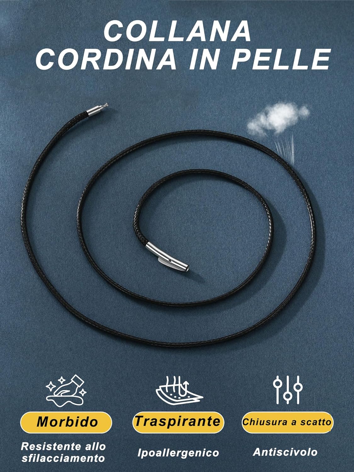 Thumbnail 5 de PROSTEEL Collana in Pelle Caucciu 3 mm, Cordina Nera Impermeabile con Chiusura in Acciaio Inox – 41–76 cm