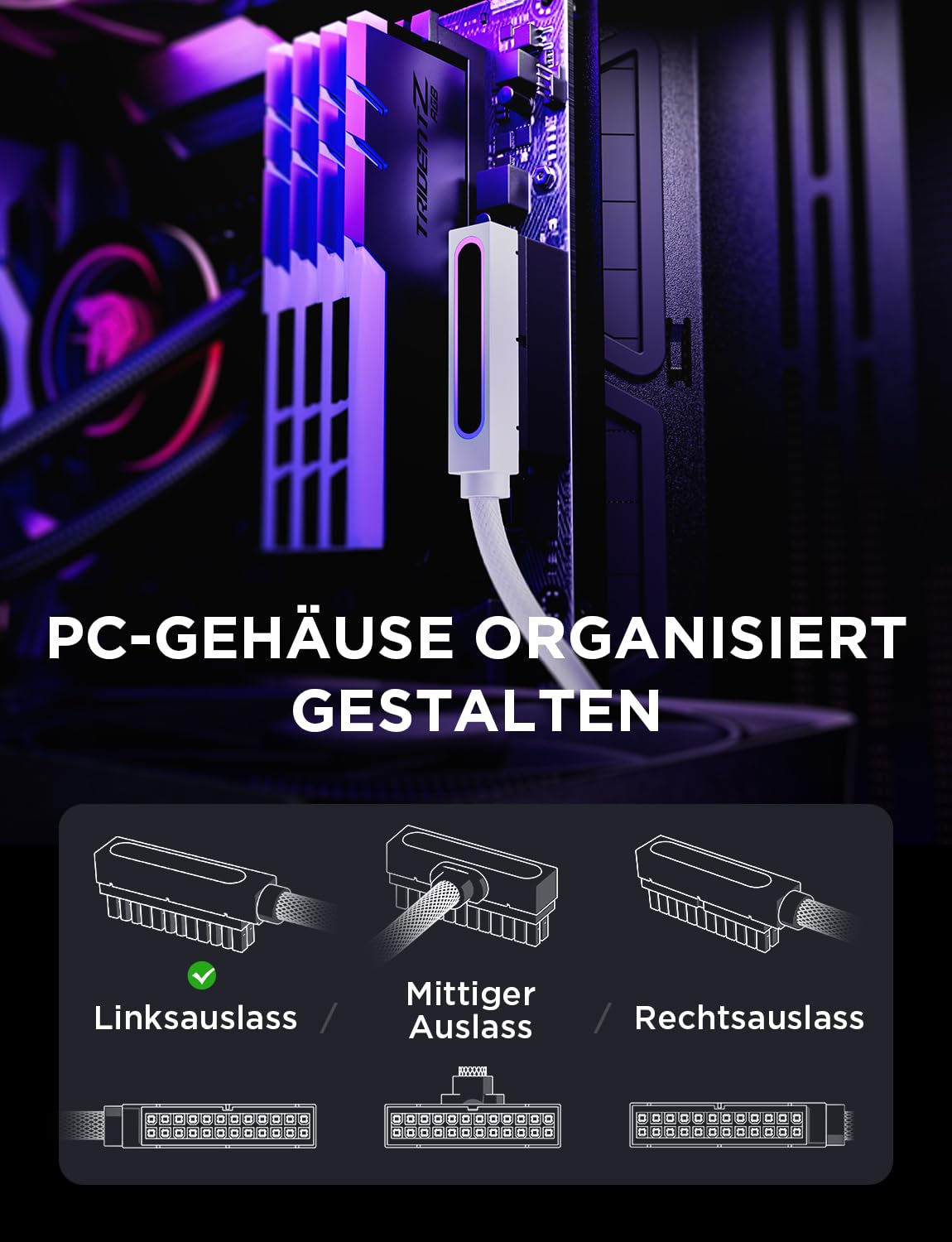 Detalle de AsiaHorse Hydrus 24-Pin ATX Verlängerungskabel (90° nach unten, 30 cm, 18AWG sleeved) – nur für ITX/Spezialbauten, Platz prüfen