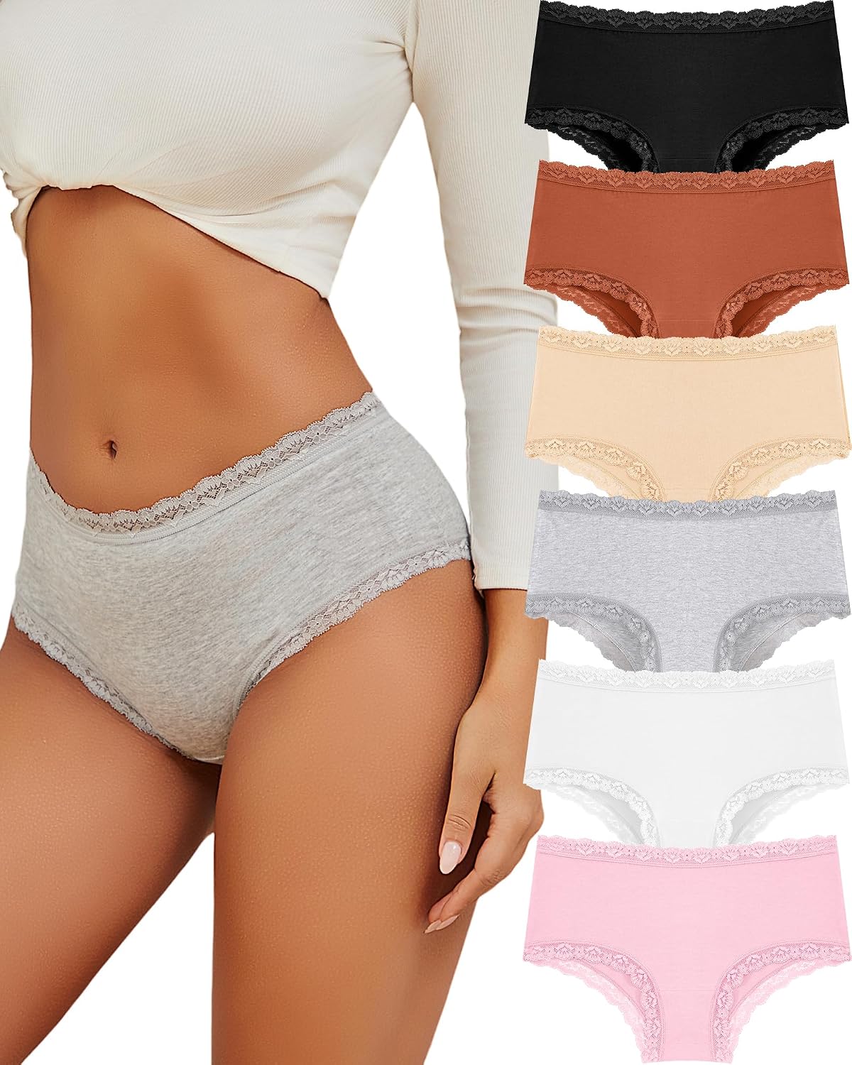 Detalle de ALL OF SHE confezione da 6 mutande donna in cotone (slip brasiliana in pizzo), vita media, traspiranti S-XXL
