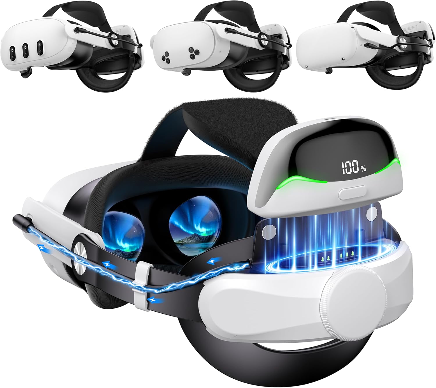 Detalle de VR Head Strap with 10000mAh Battery for Meta Quest 3/Quest 3S/Quest 2: Comfort, Power, and Quick-Check Design