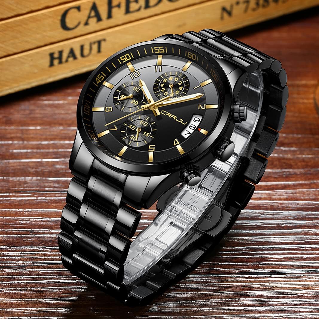 Detalle de CRRJU Herren Uhr – wasserdichtes Chronographen-Modell mit Edelstahlarmband und Datum, blaues Zifferblatt