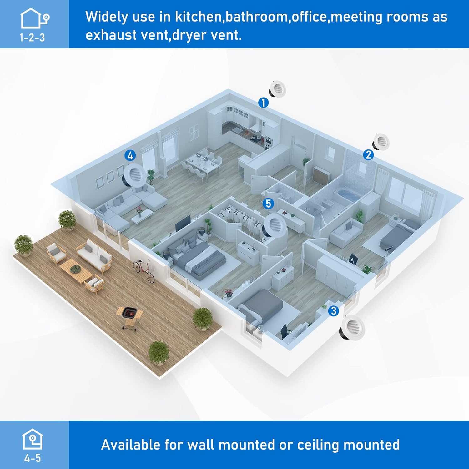 Thumbnail 6 de Hon&Guan griglia di ventilazione rotonda da 120 mm con zanzariera (bianco) per condizionatore, bagno e garage