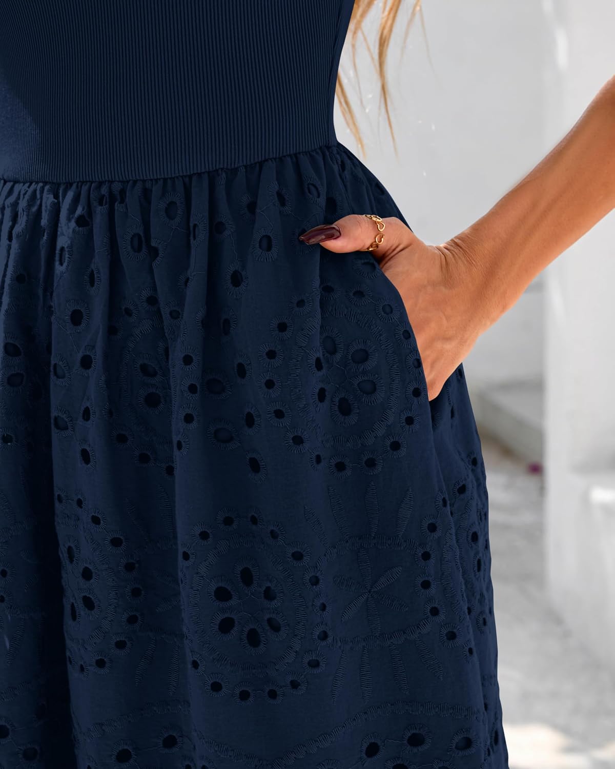 Detalle de Dowerme Women Summer Dress 2026 Maxi Boho Lace Eyelet Cotton with Pockets