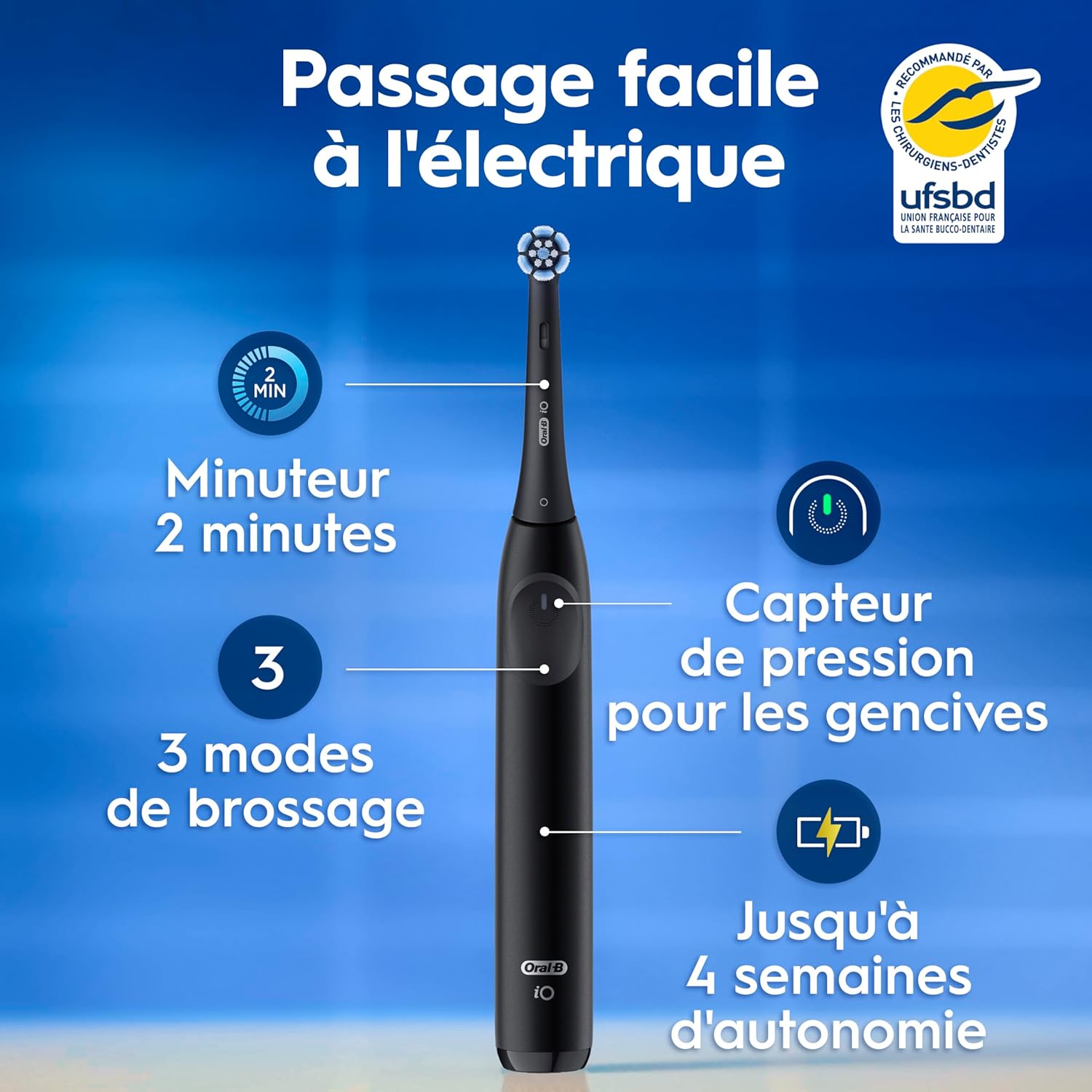 Detalle de Oral-B iO 2 Pack Duo : brosse à dents électrique silencieuse avec capteur de pression et 2 min de minuteur